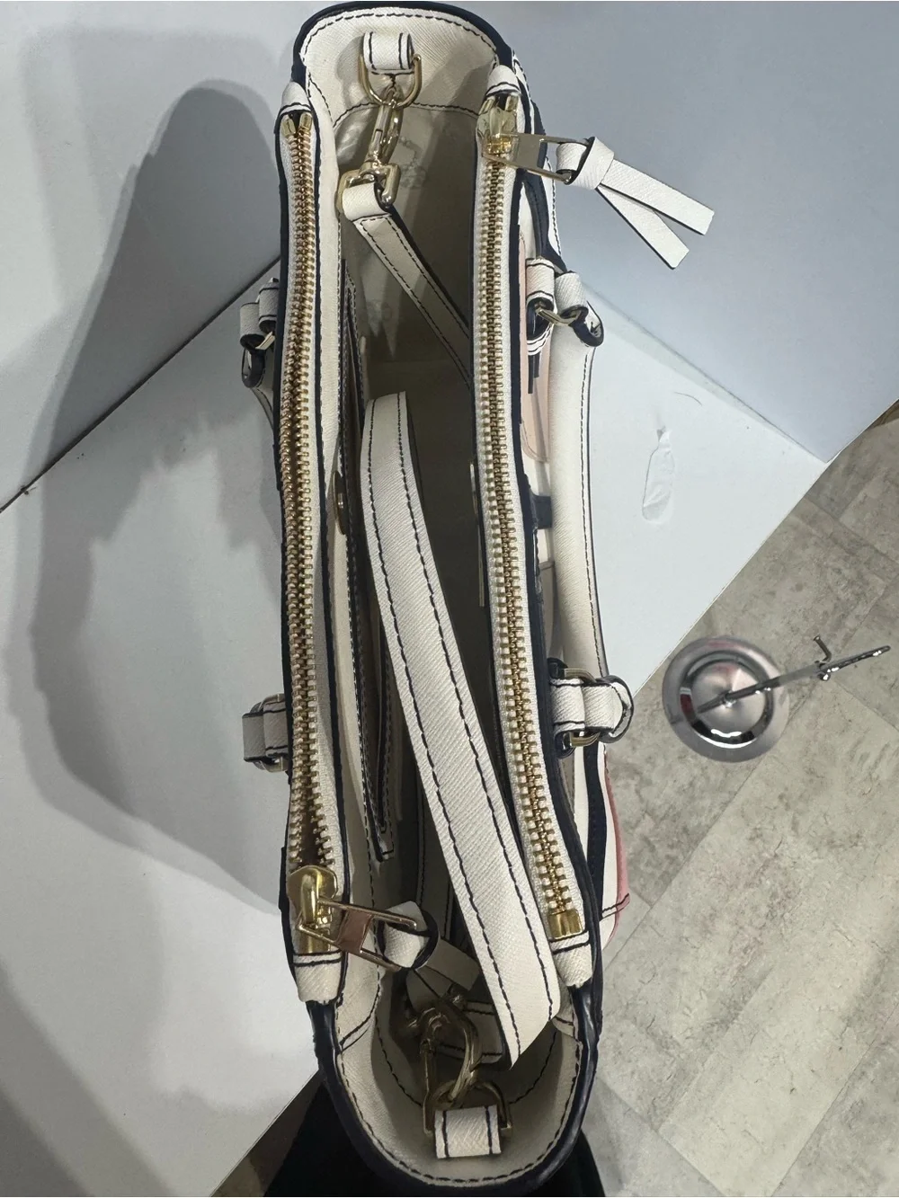 Tory Burch Geometric Colorblock Leather Satchel in White, Black & Blush
